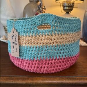 Handmade Crochet Basket in Blue, Beige, and Pink